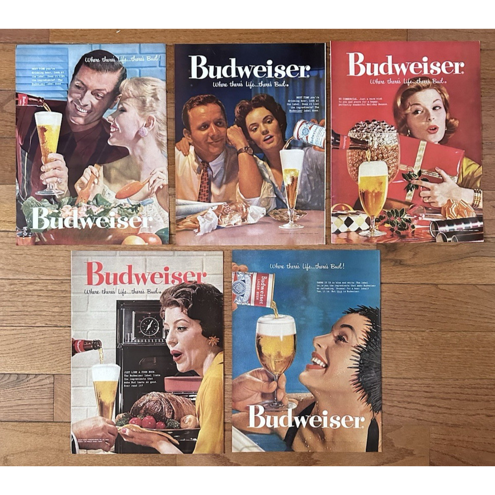 5 Budweiser Beer Print Ads 1950's Vintage